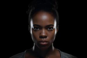 ai gerado jovem adulto africano americano mulher, cabeça e ombros retrato em Preto fundo. neural rede gerado fotorrealista imagem foto