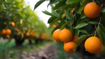 ai gerado laranjas amadurecimento às agricultura Fazenda às ensolarado verão dia, neural rede gerado fotorrealista imagem foto