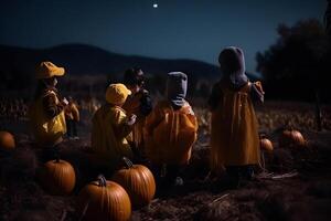 ai gerado dia das Bruxas celebração Diversão festa dentro rústico noite campo. grupo do crianças com jack-o-lanterns dentro dia das Bruxas, neural rede gerado fotorrealista imagem foto