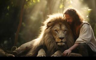 ai gerado Jesus com uma leão. cristão conceito. generativo ai foto