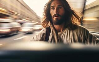 ai gerado Jesus dirigindo uma carro. cristão Socorro conceito. generativo ai foto