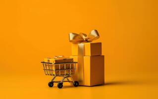 ai gerado compras carrinho e presentes em amarelo fundo, venda bandeira, Preto Sexta-feira oferta, cyber Segunda-feira oferta, generativo ai foto