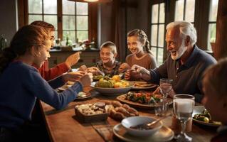 ai gerado desfrutando jantar com amigos. topo Visão do grupo do pessoas tendo jantar junto. generativo ai foto