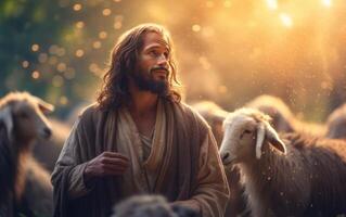 ai gerado uma Bíblia Jesus pastor com dele rebanho do ovelha durante pôr do sol. generativo ai foto