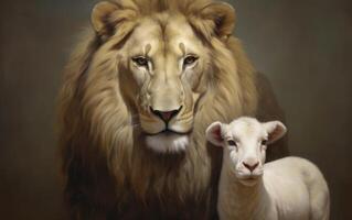 ai gerado a leão e a cordeiro. majestoso animais selvagens junto. cristão conceito. generativo ai foto