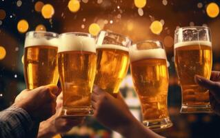 ai gerado feliz amigos torcendo Cerveja óculos às cervejaria bar jardim. generativo ai foto