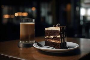 ai gerado chocolate bolo com vidro copo do café em cafeteria mesa, neural rede gerado imagem foto