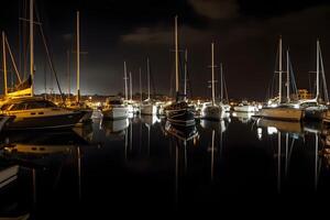 ai gerado barcos dentro a Porto às noite, neural rede gerado imagem foto