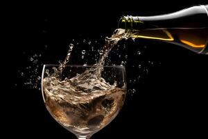 ai gerado celebração tema com espirrando champanhe dentro o preenchimento copo de vinho com garrafa em Preto fundo, neural rede gerado fotorrealista imagem foto