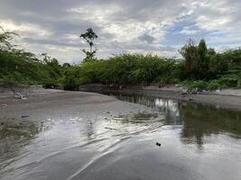 Filipinas a rio fluindo baixa a partir de a montanhas fluxos para dentro a mar em a margens do poluição com plástico e de outros lixo ecologia foto