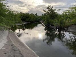 Filipinas a rio fluindo baixa a partir de a montanhas fluxos para dentro a mar em a margens do poluição com plástico e de outros lixo ecologia foto