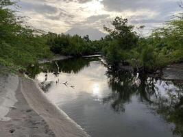 Filipinas a rio fluindo baixa a partir de a montanhas fluxos para dentro a mar em a margens do poluição com plástico e de outros lixo ecologia foto