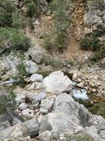 uma pequeno cristal Claro montanha rio fluxos entre a pedras, achando Está caminho foto