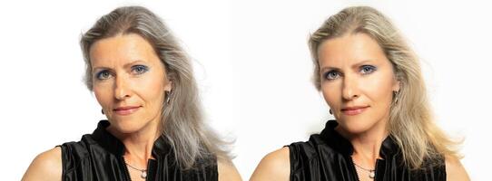 fechar-se antes e depois de retrato do uma beleza meia idade mulher face. antes e depois de spa conceito contra rugas e envelhecimento do fêmea corpo peças. foto