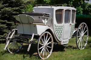 a Antiguidade branco transporte a partir de a décimo nono século em uma verde grama. a protótipo do uma moderno carro. foto