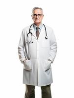 ai gerado retrato do Senior masculino médico com estetoscópio isolado em branco fundo foto