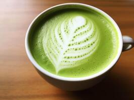 ai gerado uma copo do matcha café com leite verde chá em de madeira fundo. foto
