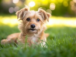 ai gerado fofa pequeno yorkshire terrier cachorro deitado em a verde Relva foto