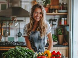 ai gerado sorridente jovem mulher em pé dentro a cozinha, segurando uma fresco legumes foto