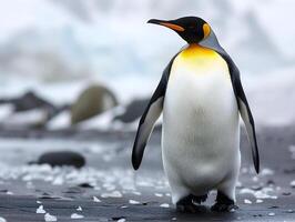 ai gerado rei pinguim em pé em uma Rocha em a gelo dentro Antártica. foto