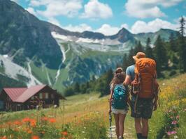 ai gerado pai e filha caminhada dentro a montanhas. viajando com crianças conceito foto