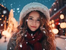 ai gerado inverno retrato do uma lindo jovem mulher com grandes ondulado cabelo. foto