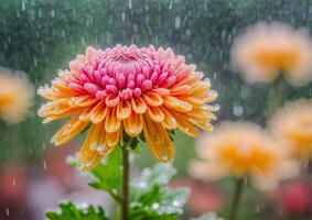 ai gerado Rosa e amarelo dália cercado de vibrante flores dentro uma jardim foto