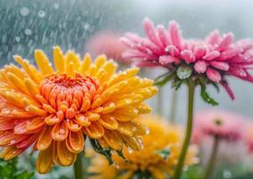 ai gerado Rosa e amarelo dália cercado de vibrante flores dentro uma jardim foto