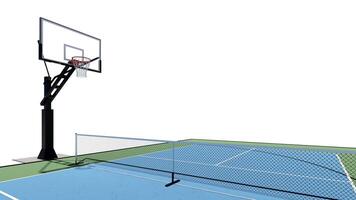aéreo Visão do uma 3d render combinação basquetebol e pickleball quadra multi esporte foto