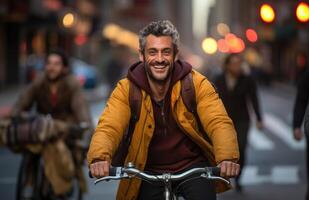 ai gerado homem equitação bicicleta em uma ocupado rua, urbano transporte imagem foto