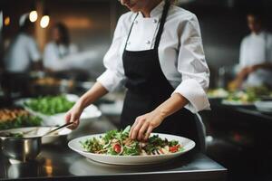 ai gerado mestre chefe de cozinha cozinhar mulher mãos precisamente cozinhando vestir preparando saboroso fresco delicioso de dar água na boca gourmet prato Comida em prato para clientes 5 estrelas Michelin restaurante cozinha detalhado foto