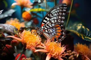 ai gerado colorida borboleta empoleirado graciosamente em vibrante laranja flor, insetos e borboletas imagem foto