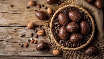 ai gerado uma chocolate Páscoa ovos em uma de madeira mesa para uma festivo e doce feriado celebração, Palma domingo saudações imagem foto