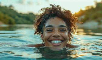 ai gerado feliz mulher alegremente natação dentro a lago, diverso água usa imagem foto