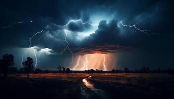 ai gerado dramático céu, Sombrio noite, trovoada, majestoso montanhas, molhado Relva gerado de ai foto