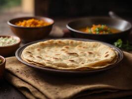 ai gerado hapati tava roti Além disso conhecido Como indiano pão ou fulka phulka. a Principal ingrediente do almoço jantar dentro Índia Paquistão foto