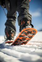 ai gerado uma fechar-se do uma snowboarder pés amarrado para dentro seus borda foto