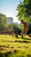 ai gerado uma grupo do pessoas fazendo uma estilo bootcamp exercite-se junto, com uma treinador conduzindo a caminho foto