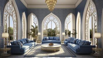 ai gerado islâmico 3d Renderização do a de inspiração árabe vivo quarto interior Projeto apresentando arcos e intrincado árabe padrões. foto