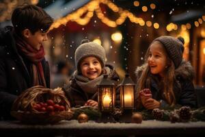 ai gerado feliz família com crianças em Natal mercado dentro tarde tempo, ar livre, ater e dois crianças tendo Maravilhoso Tempo em tradicional Natal mercado em inverno noite, ai gerado foto