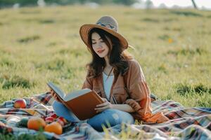 ai gerado jovem mulher lendo livro em piquenique cobertor dentro campo foto