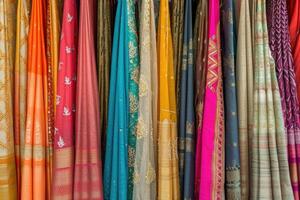 ai gerado suspensão lindo indiano vestidos diferente cores e decoração às mercado, comprar, butique, bazar, moda roupas desenhador coleção foto