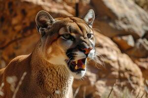 ai gerado rugindo puma ou montanha leão caça Está presa foto