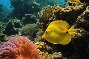 ai gerado amarelo Espiga peixe em coral recife foto