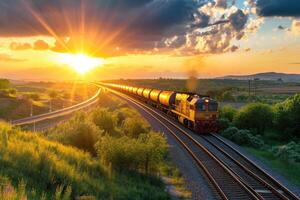 ai gerado carga trem às pôr do sol. internacional trem transporte foto