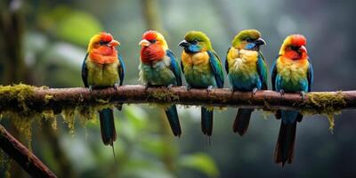 ai gerado tropical pássaros sentado em uma árvore ramo dentro a floresta tropical foto