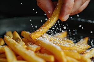 ai gerado detalhe tiro do adicionando sal em francês fritas, fechar-se. foto