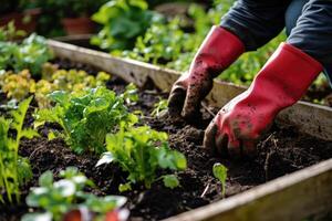 ai gerado jardineiros mãos plantio e colheita vegetal a partir de quintal jardim. jardineiro dentro luvas prepara a solo. foto