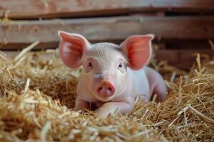 ai gerado fofa leitão dentro Fazenda. feliz e saudável pequeno porco. gado agricultura. foto