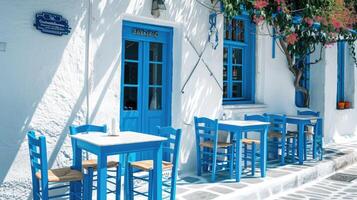 ai gerado grego cultura com tradicional branco e azul grego arquitetura, taverna foto